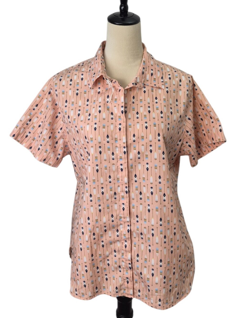 NWOT Lands' End Novelty Oar Print Button Down Shirt 14 Nautical Coastal Preppy
